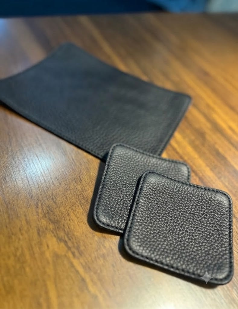 Kit de Mouse Pad + 02 Porta Copos | Em couro legítimo premium